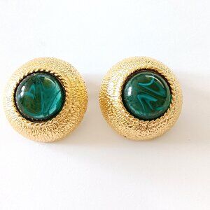 Vintage St John Green Swirl Cabochon Gold Tone